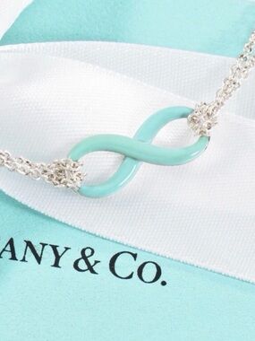 Tiffany & Co Silver Blue Enamel Infinity Pendant 18" Double Chain Necklace